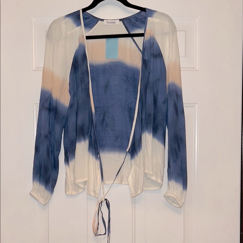 Rodebjer Women's Boho Tie Front Blouse-M Ombre Blue Peach Cream